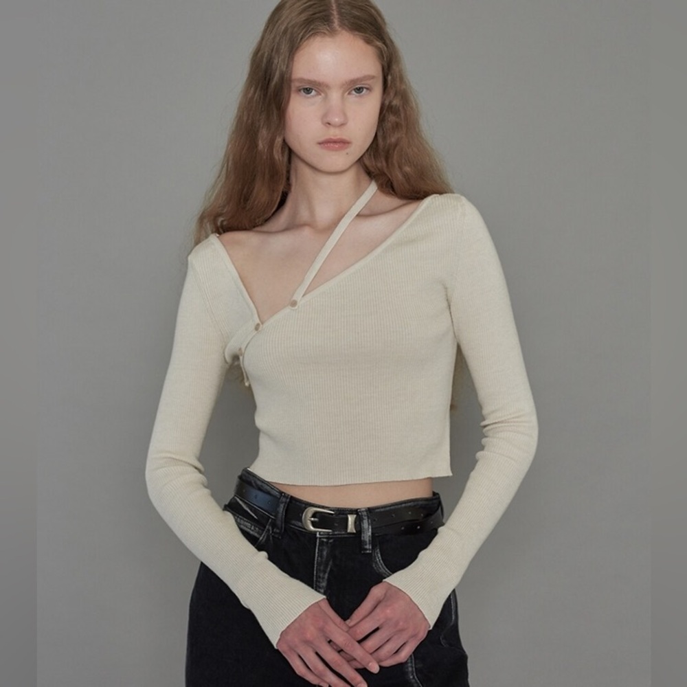 Diagonal Strap Button Knit Top Ivory